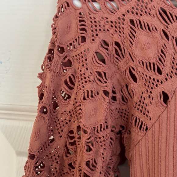 Free People Ribbed Top with Lace Sleeves in Terra Cotta - Picture 3 of 6